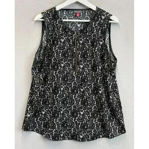 Vince Camuto Women's Sz L Sleeveless Black White‎ Floral Lace Print Zip Tank Top